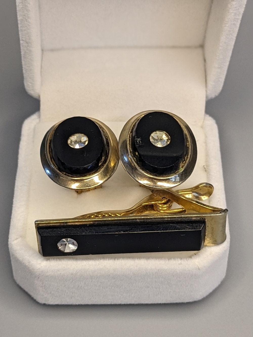 Vintage Gold Tone Black Enamel Cufflinks And Tie Bar Set Mid Century Mens